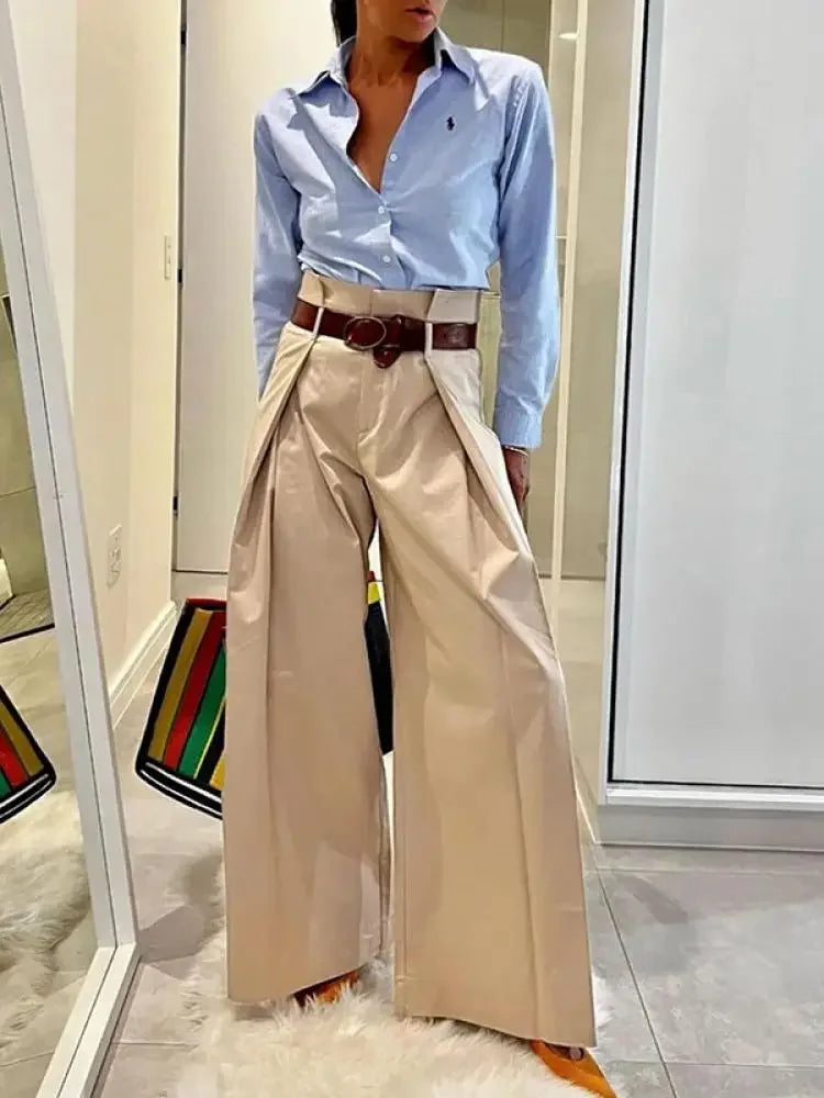Yeezzi Office Ladies Elastic High Waist Wide Leg Pants 2025 New Fashion Solid Color Pleated Loose Urban Casual Commute Trousers