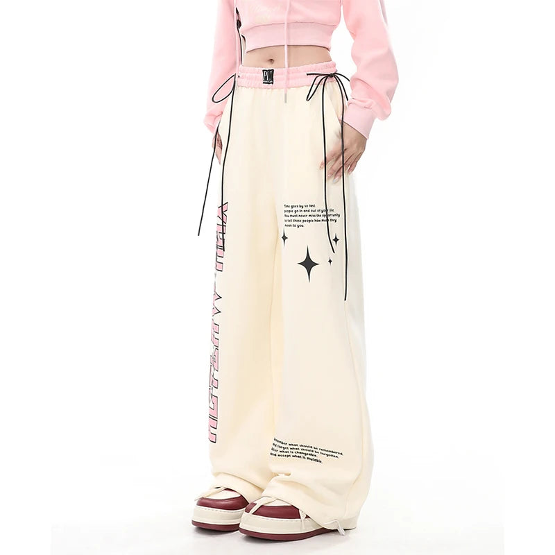 Women Apricot Sweatpants Baggy Y2k Streetwear Graphic Print Jogger Pants Vintage Harajuku Wide Straight Trousers Clothes Spring